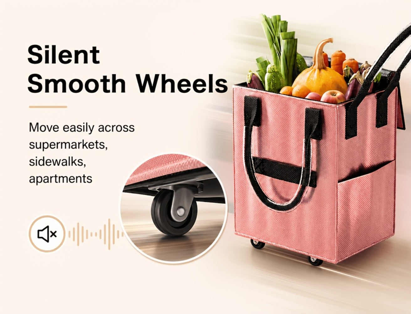 60 L Rolling Grocery Bag with Wheels in Black or Rose Gold for Shopping, Travel and Utility Use