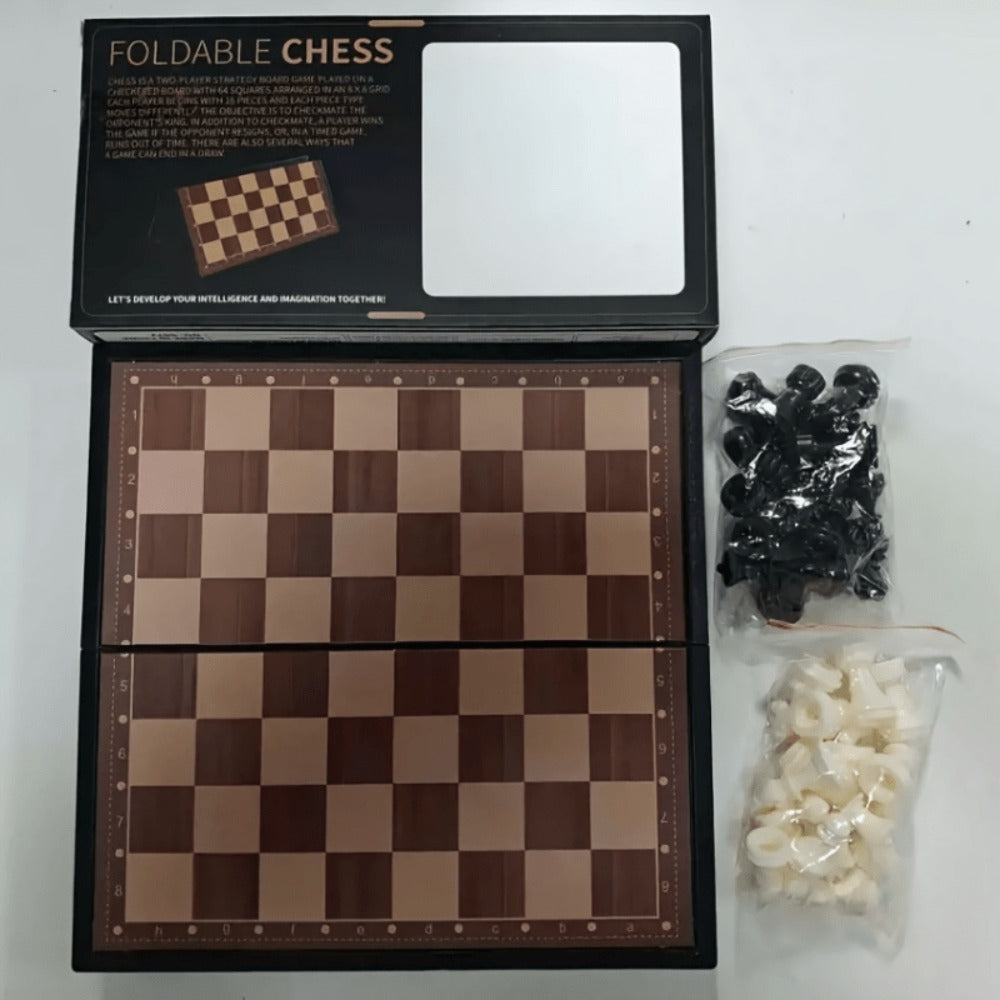 Folding Wooden-Style Chess and Checkers Set with 33 Chess Pieces and Internal Storage for Adult Tabletop Play