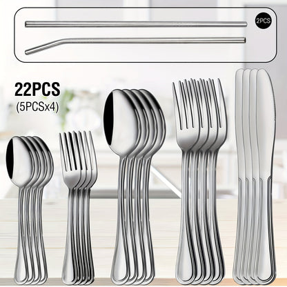 Stainless Steel Flatware Cutlery Set – Mirror Polished, Dishwasher Safe, Silver & Black Options, Service for 4 / 8 / 12 – Kitchen Utensil Set for Home, Restaurant & Wedding Gift