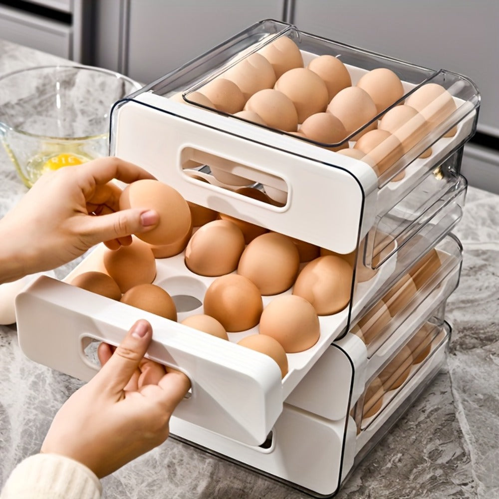 White Double-Layer Refrigerator Egg Storage Drawer with 32-Grid Tray and Clear Stackable Cover