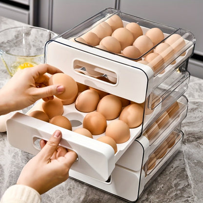 White Double-Layer Refrigerator Egg Storage Drawer with 32-Grid Tray and Clear Stackable Cover