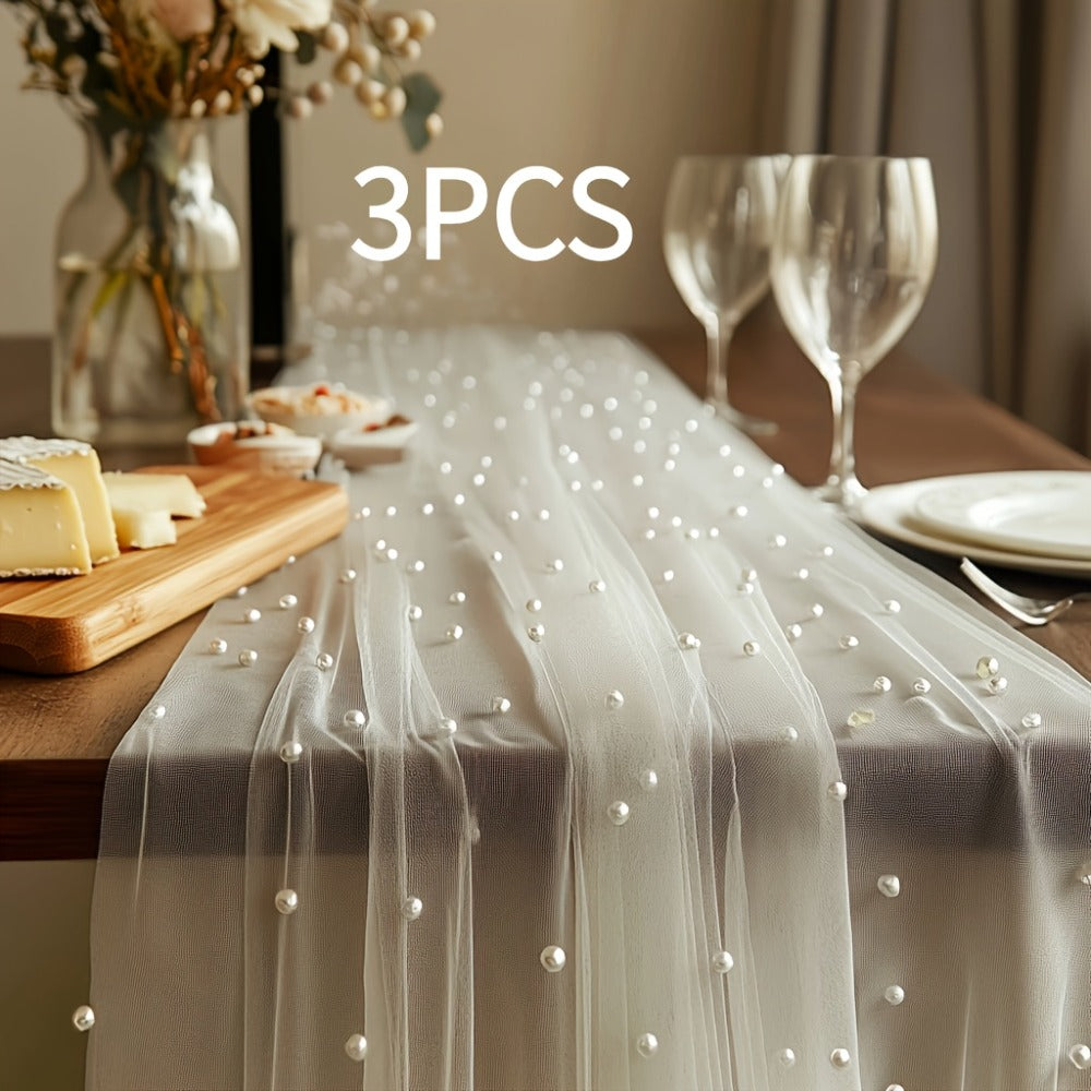 Three-Piece White Pearl-Beaded Tulle Table Runner Set, 2.5 x 9.8 Feet Each for Event Tables