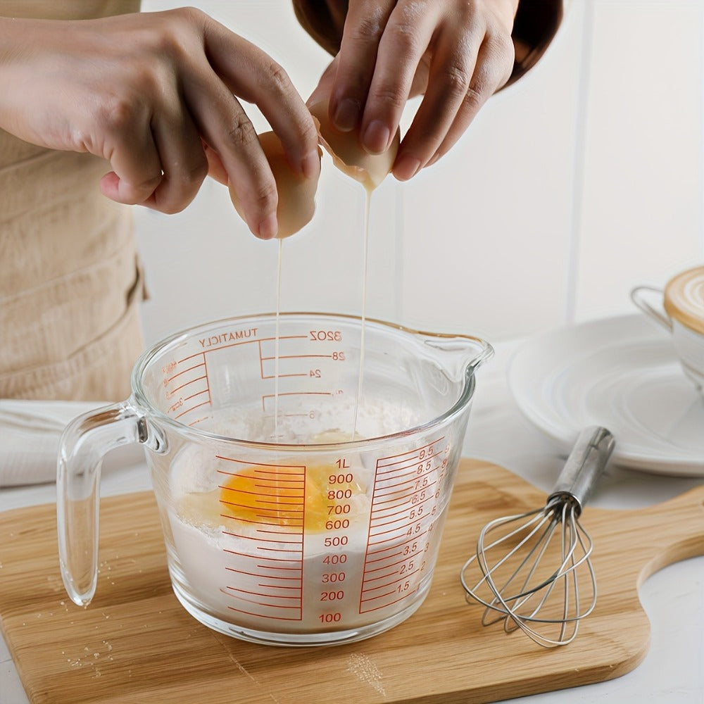 Clear Glass Measuring Cup Set with Pour Spouts, Handles, Red Graduations and One- or Three-Piece Options