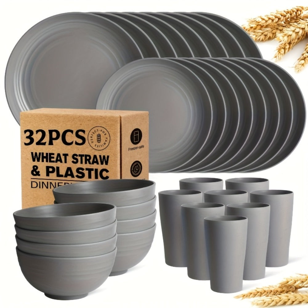 Wheat Straw Dinnerware Set 16 or 32 Piece – Plates & Bowls for 4 or 8 People, Microwave & Dishwasher Safe Plastic Dish Set, Lightweight Colorful Tableware for Home, Party & Holiday
