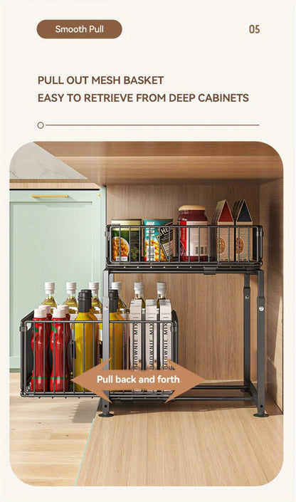 Under Sink Organizer 2-Tier Slide Out – Heavy Duty Metal Cabinet Shelf, Adjustable Space-Saving Storage Rack for Kitchen & Bathroom Cabinets, Pull Out Drawer Organizer