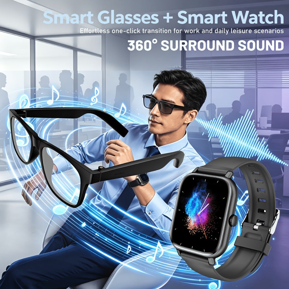 AI Translation Smart Glasses and Smartwatch Set 2026 Real-Time Multi-Language Photo Translation Built-In Mic Speaker Calling Music Full Touch Wearable Tech Bundle Men Women Black Pink Silver