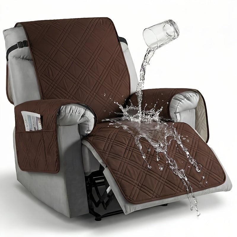 Quilted One-Piece Recliner Chair Cover with Side Pocket, Back Strap and Six Solid Color Options