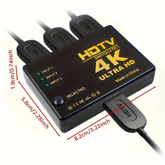 HDMI Switch 3 In 1 Out – 4K 1080P HD Video Switcher Splitter Hub, Adapter Converter for TV Box, Smart TV, HDTV, PC, Monitor & Gaming Console