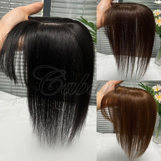 Hair Topper with Bangs Human Hair 5x9 Base Straight Clip In Crown Coverage Volume Booster Thinning Hair White Hair Cover Natural Black Dark Brown Women 8 12 Inch Heat Styleable