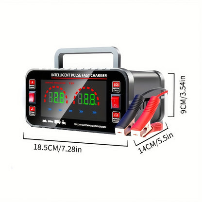 Car Battery Charger 12V/24V with LCD Display – Fast Charging Portable Maintainer for Cars, Trucks, RVs & Motorcycles, Overcharge Protection, Lead-Acid Compatible