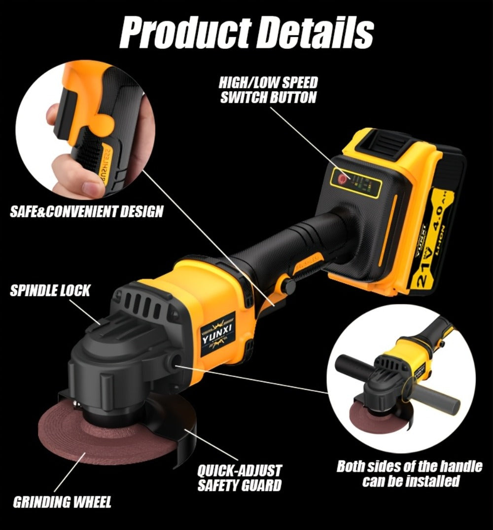 Power Tools YUNXI Cordless Angle Grinder with Rechargeable Battery, Polishing Accessories and Case Options