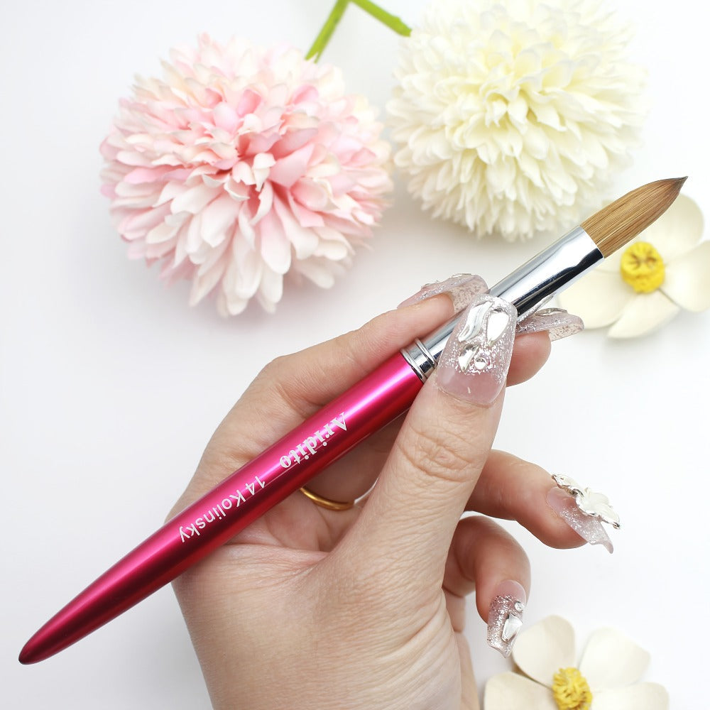 Rose-Red Acrylic Nail Brush with Cap in Exact Checkout Sizes #10, #12 or #14 and Pictured Flat-Shaped Tip