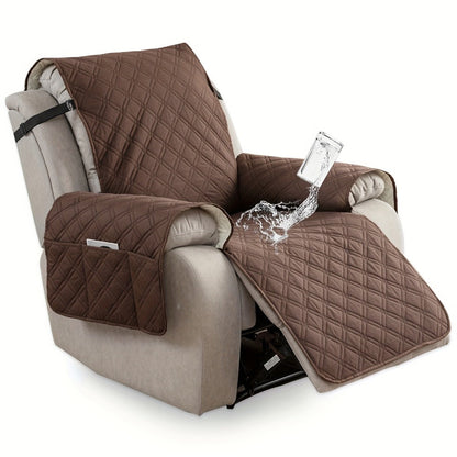 Quilted One-Piece Recliner Chair Cover with Side Pockets, Back Buckle Strap and 11 Color Options