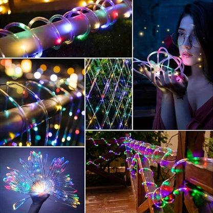 Solar Rope Lights Outdoor – Waterproof Fairy String Lights with Remote Control 8 Modes 1200mAh Battery for Garden Patio Fence Tree Wedding Party – Multicolor Cold White Purple Yellow – 49-115FT