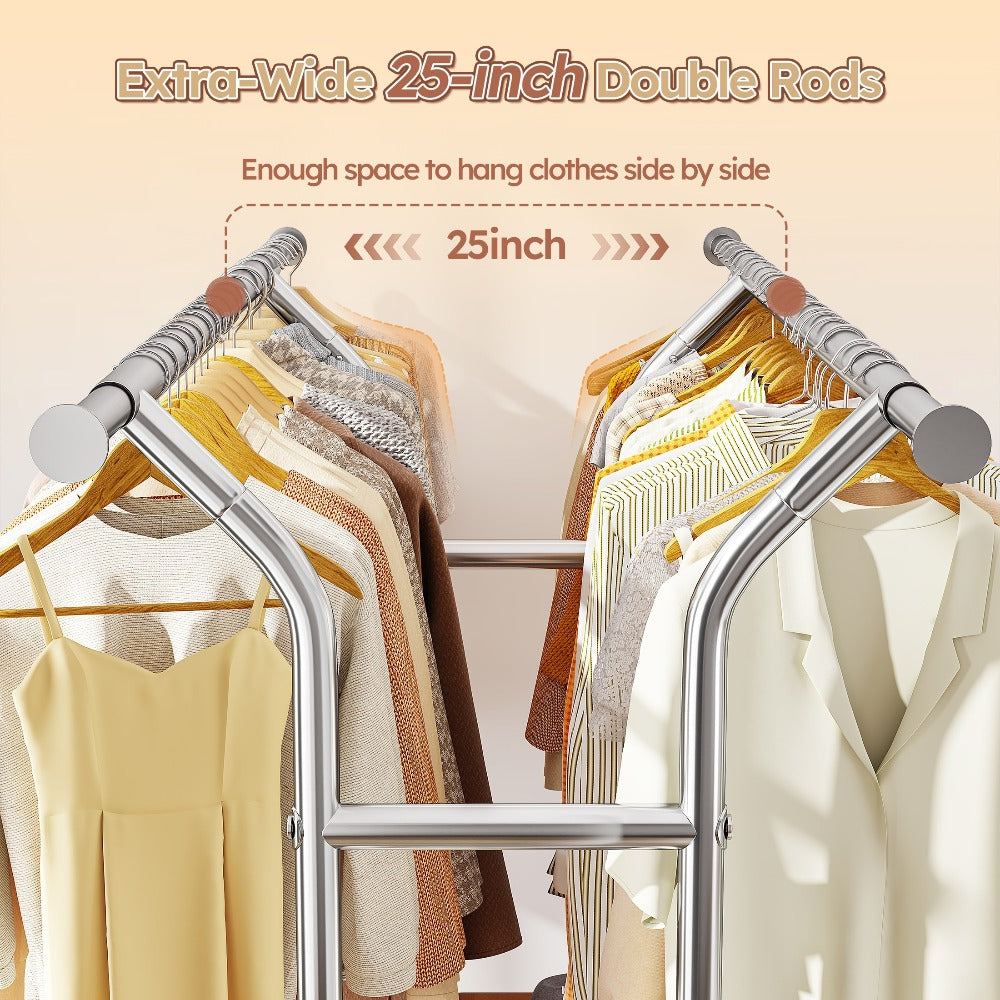 Double-Rod Rolling Garment Rack with Telescoping Extensions, Two Wire Shelves and 74.6-Inch Width