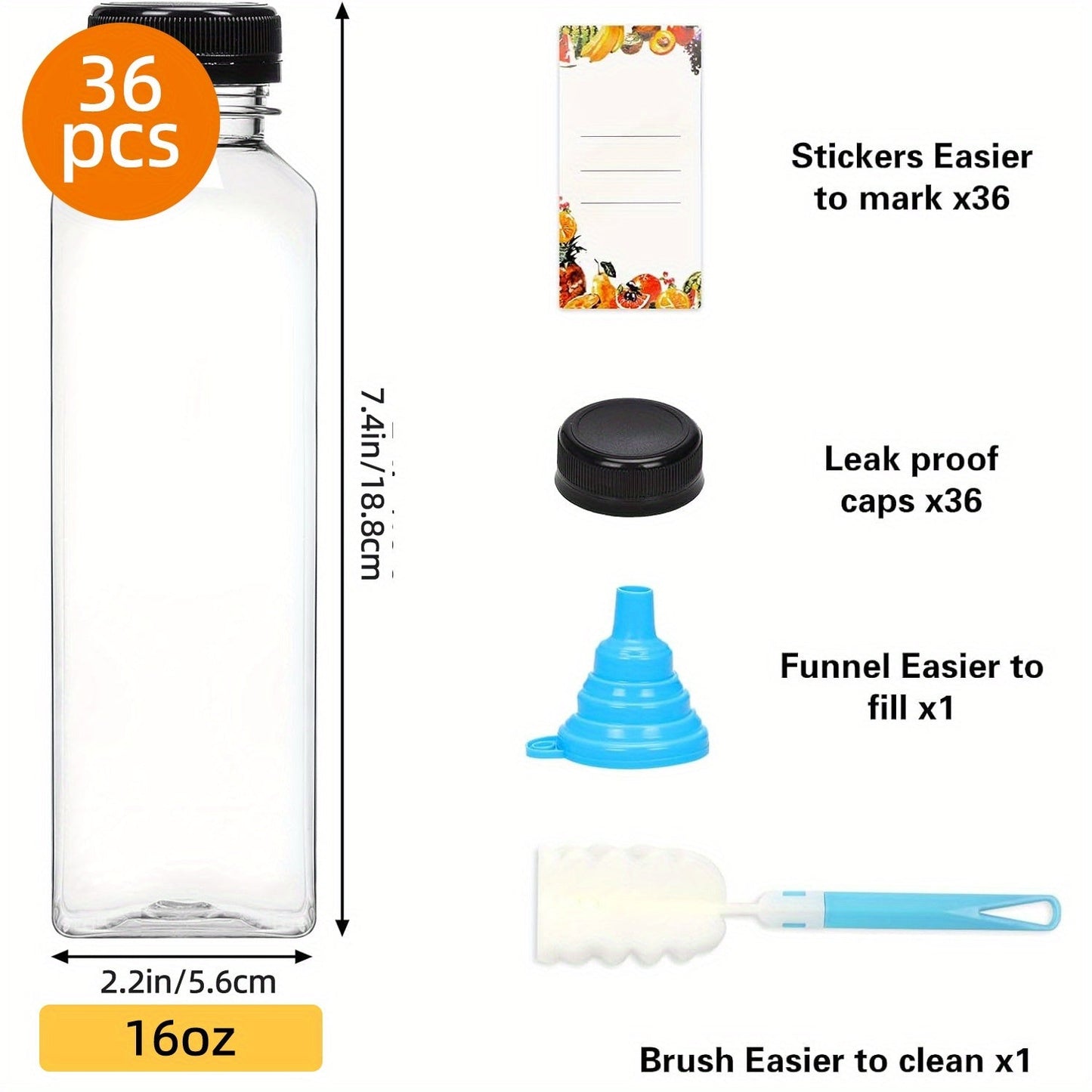 Reusable Juice Bottle Set, Clear Plastic 12oz or 16oz Drink Containers with Lids, Funnel and Cleaning Brush