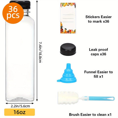 Reusable Juice Bottle Set, Clear Plastic 12oz or 16oz Drink Containers with Lids, Funnel and Cleaning Brush