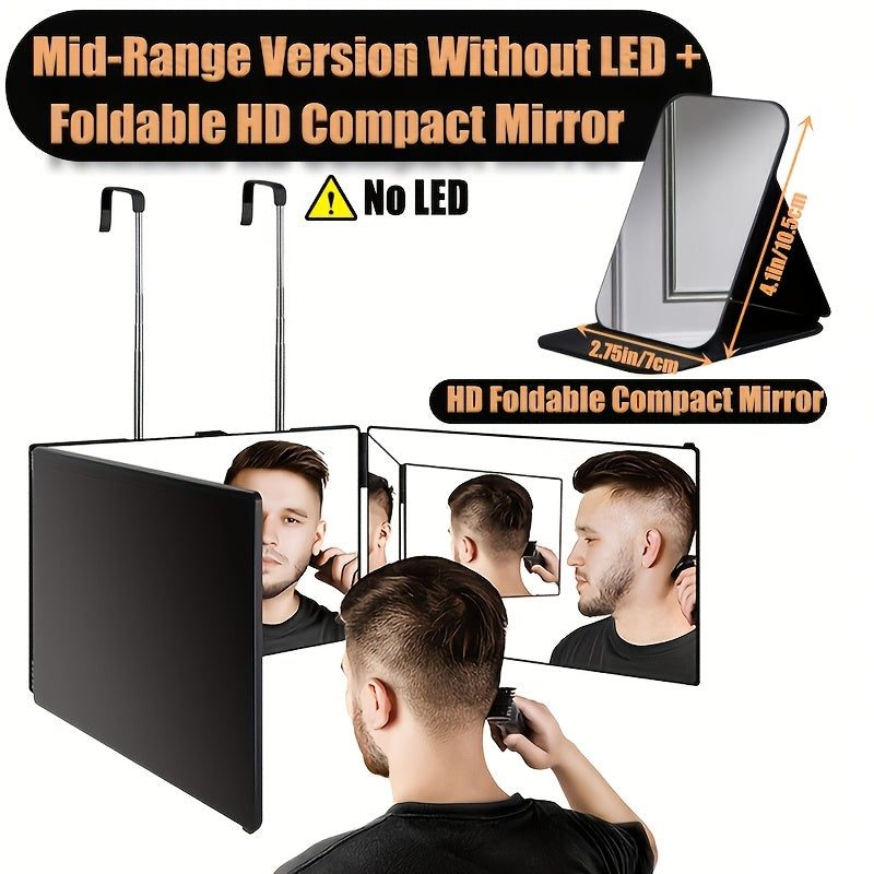 3 Way Mirror for Self Hair Cutting with LED Lights, 360° View Anti-Fog HD Glass USB Rechargeable Folding Barber Mirror for Home Salon