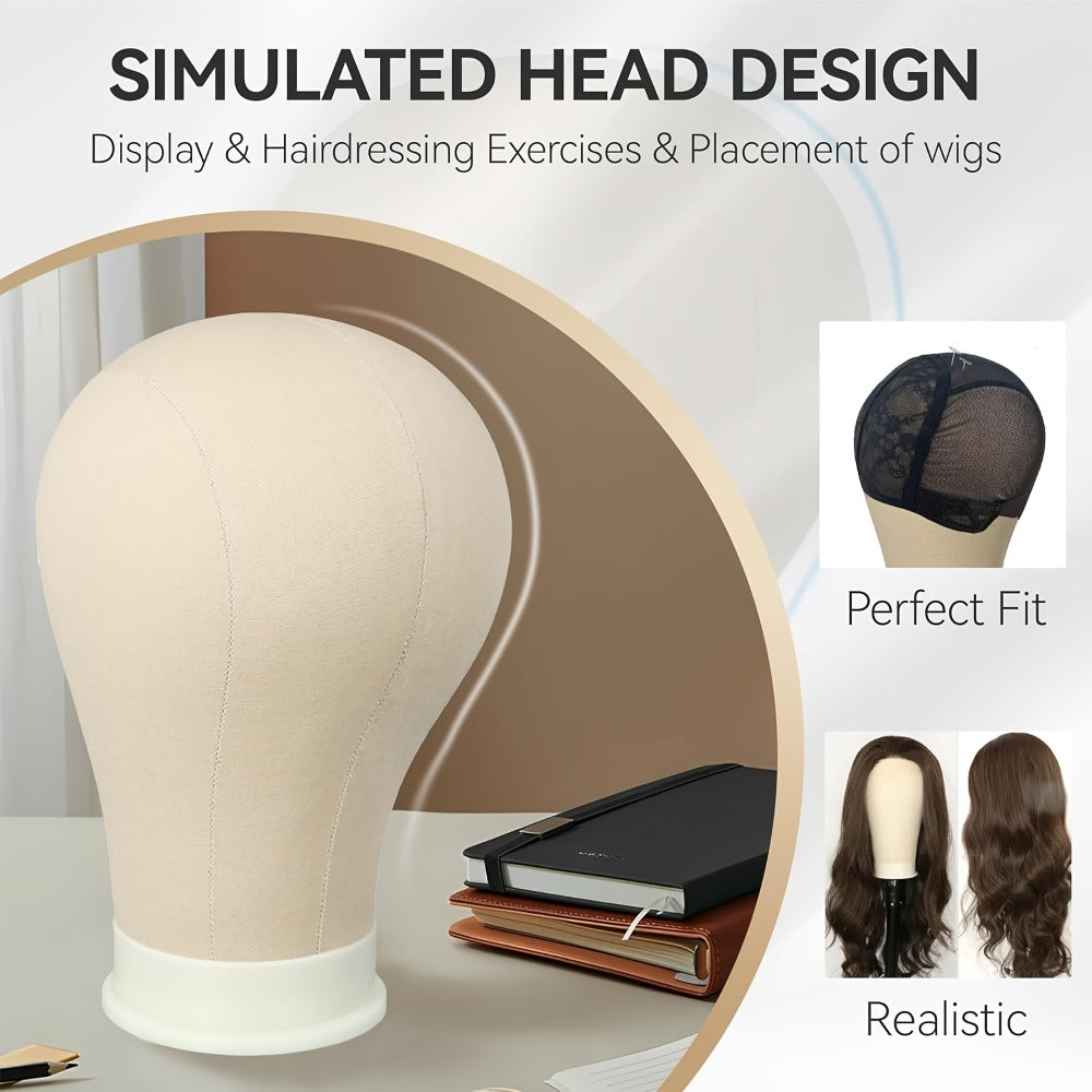 Canvas Mannequin Head Sets in 21, 22, 23 or 24 Inch Options with Table Clamp, Pins and Wig Caps