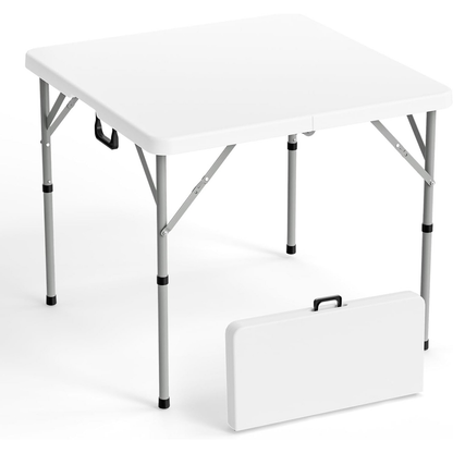 Portable Square Bi-Fold Table with Carry Handle in Black or White, Approximately 34 Inches Wide
