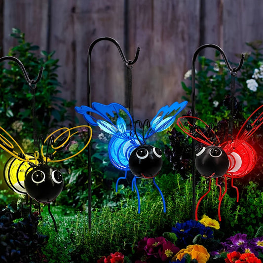 Solar Hanging Bee & Ladybug Lights Set of 3, Metal Decorative Solar Garden Lights — Outdoor Hanging Decor for Balcony, Garden, Living Room & Flower Shop | Red, Yellow & Blue