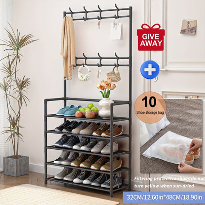 Shoe Rack Floor-Standing Organizer with 8 Double Hooks and 3-Layer or 5-Layer Black Options