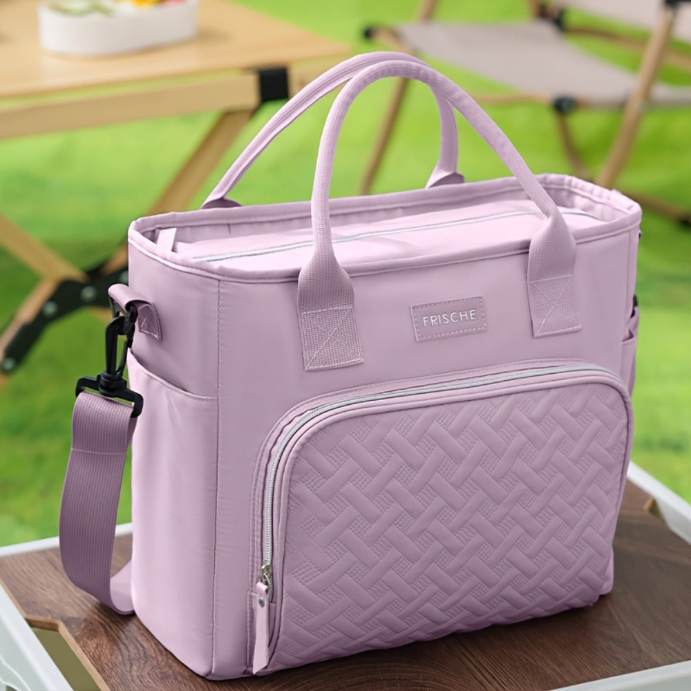 11L Quilted Lunch Bag Tote with Front Zipper Pocket, Side Tissue Pocket, Strap and Four Colors