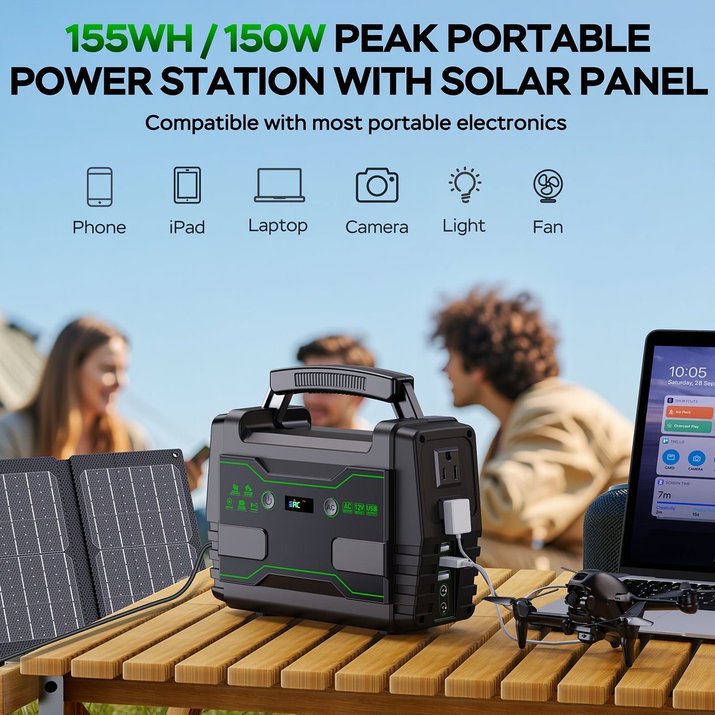 Portable Power Station 155WH/222WH with Solar Panel Option - Solar Generator, Lithium Battery Pack, AC Outlet, USB, LED Light for Camping, RV, Home Emergency Backup, Laptop, Outdoor Use