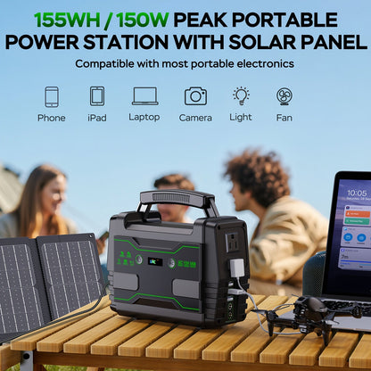 Portable Power Station 155WH/222WH with Solar Panel Option - Solar Generator, Lithium Battery Pack, AC Outlet, USB, LED Light for Camping, RV, Home Emergency Backup, Laptop, Outdoor Use