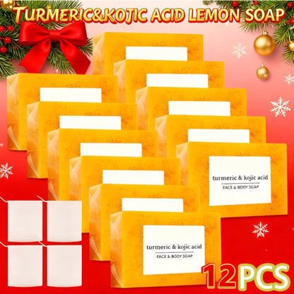 Kojic Acid Turmeric Soap Bar Set 12 Pack 100g with 4 Bubble Nets - Ginger Lemon Handmade Moisturizing Brightening Body Soap for Dark Spots Even Skin Tone Gentle Unisex Travel Gift