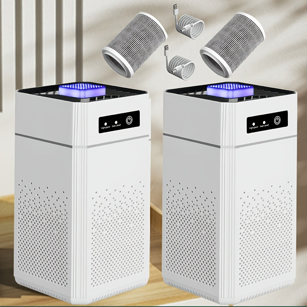 Air Purifier 2 Pack with Replacement Filters & USB Charging Cable – Compact HEPA Purifier for Home, Bedroom, Office, Removes Odors, Dust & Allergens