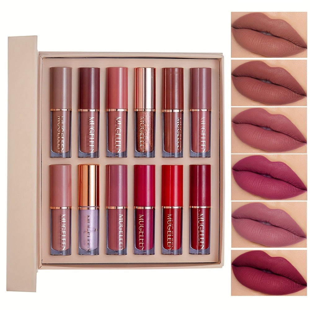 Lip Gloss Set 12 Pcs Matte & Pearlescent Lip Glaze Collection – Non-Stick Cup Long-Lasting Non-Fading Velvety Finish Lip Makeup Gift Set for Women Girls All Skin Tones