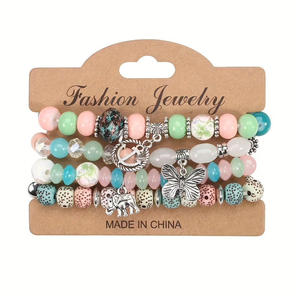 Bracelet Set, 24-Piece Assorted Wood-Bead Elastic Stack with Tassels and Pendant-Style Accents