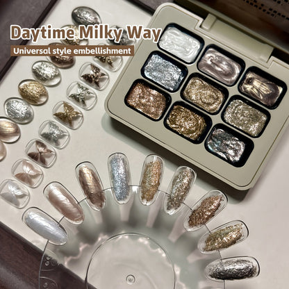 Shimmer Nail Art Gel Nine-Color Grid Palette with Metallic Neutral or Milky Way Color Selection