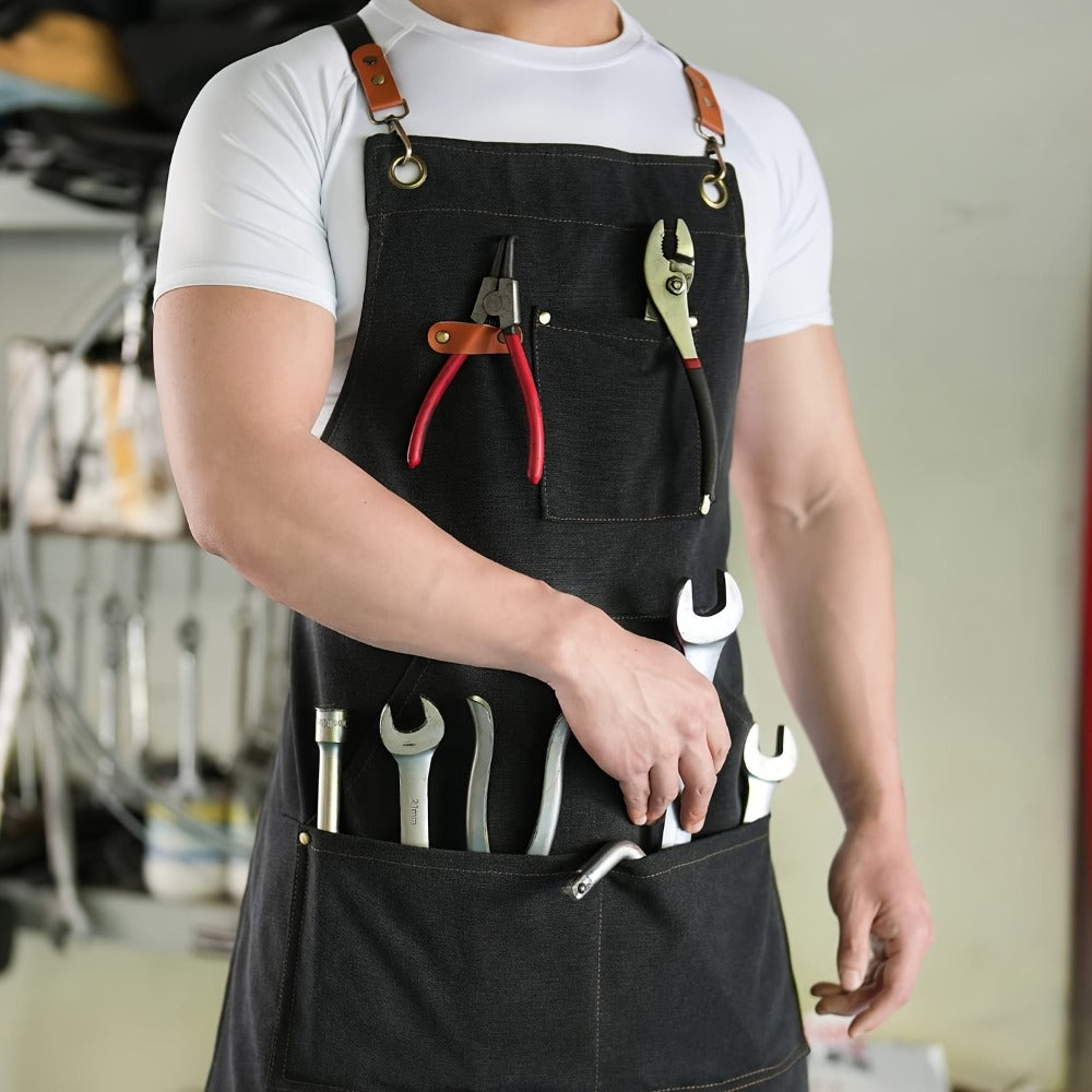 Black Crossback Canvas Work Apron, 27 x 32 Inch Bib with Three Utility Pockets and Long Straps for Kitchen or Workshop