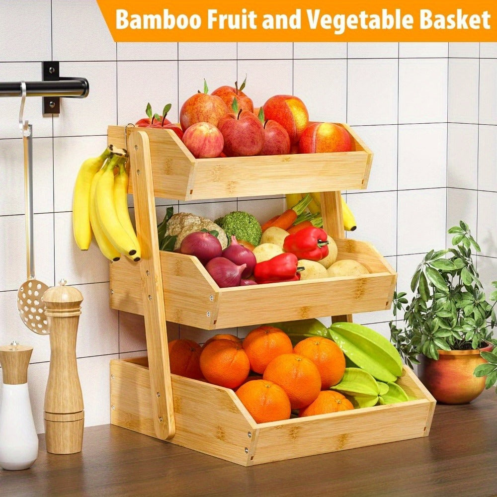 Fruit Rack Kitchen Organizer 2 or 3 Tier Natural Bamboo Freestanding Basket Shelf with Two Hooks