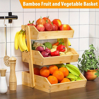 Fruit Rack Kitchen Organizer 2 or 3 Tier Natural Bamboo Freestanding Basket Shelf with Two Hooks