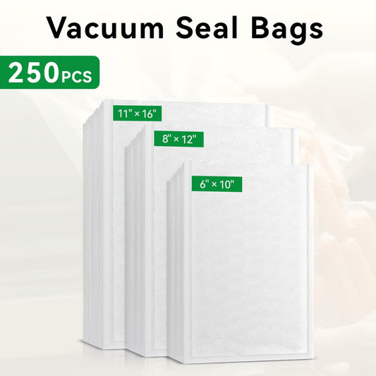 Vacuum Sealer Bags 250pcs - BPA-Free Food Storage Bags in 3 Sizes (6"x10", 8"x12", 11"x16"), Compatible with All Vacuum Sealing Machines for Meal Prep, Food Preservation & Sous Vide Cooking