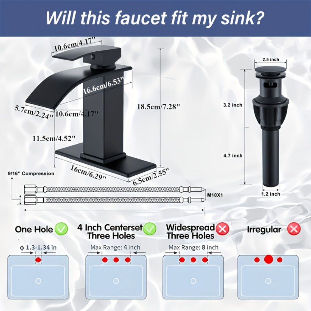 Single-Handle Waterfall Bathroom Faucet with Deck Plate, Drain Options and Single or Two-Piece Finishes