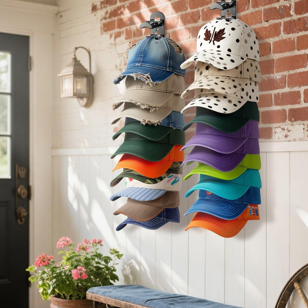 Wall Mounted Hat Rack for Baseball Caps – Adhesive or Drill Mount, Holds 20 Hats, Multilayer Storage, 2pcs