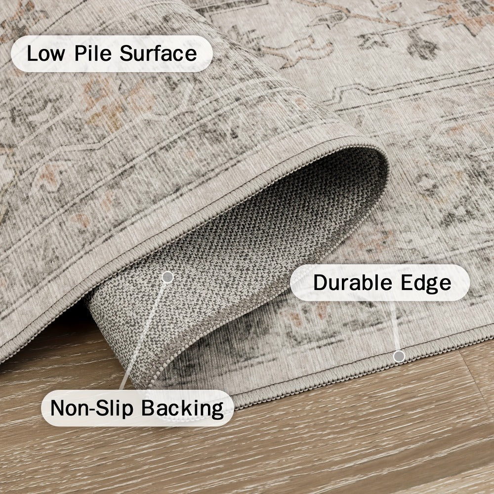 Area Rug Vintage Chenille Print in Light Taupe Brown with Eight Runner and Room Size Options
