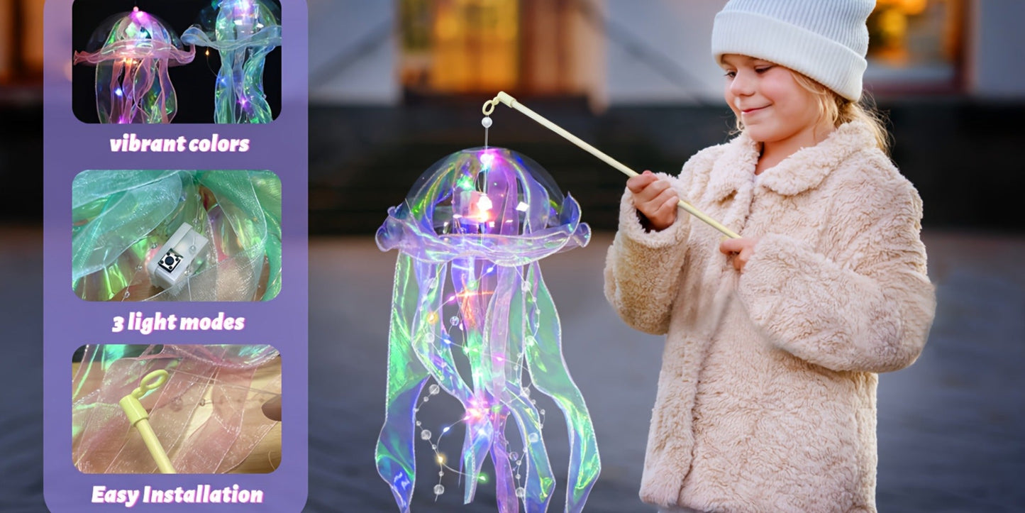 Five-Piece Illuminated Jellyfish Hanging Decoration Set with Translucent Crystal-Style Ribbons