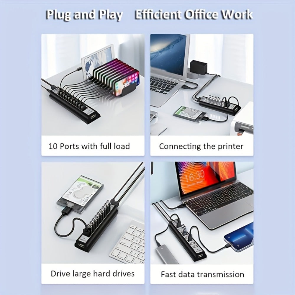 Black 10-Port USB 2.0 Hub with USB-A Host Cable, Numbered Ports and DC Power Input for Desktop Expansion