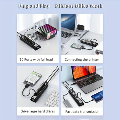 Black 10-Port USB 2.0 Hub with USB-A Host Cable, Numbered Ports and DC Power Input for Desktop Expansion