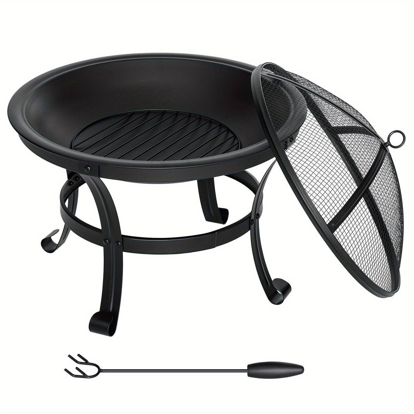 22-Inch Round Fire Pit with Domed Mesh Cover, Inner Log Grate, Four-Leg Stand and Long Poker