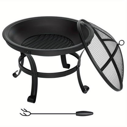 22-Inch Round Fire Pit with Domed Mesh Cover, Inner Log Grate, Four-Leg Stand and Long Poker