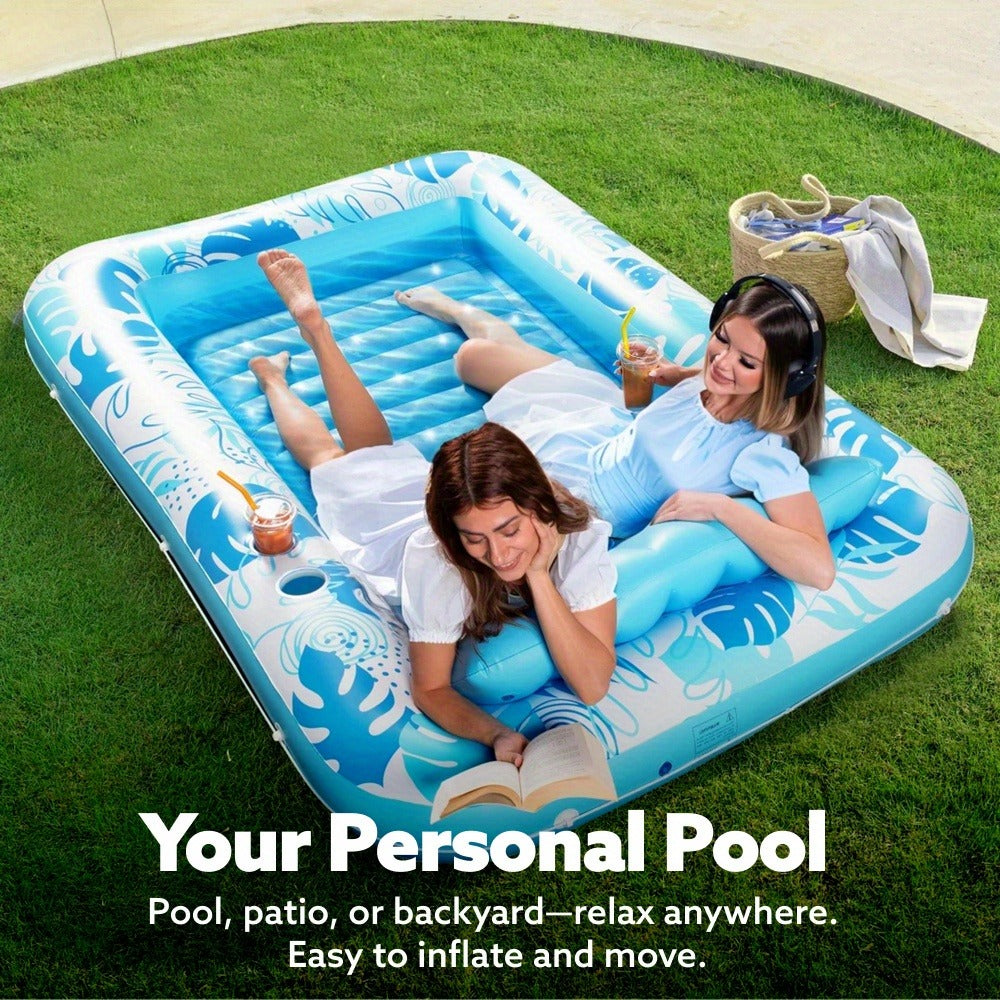 85 x 57-Inch Inflatable Pool Float Tanning Bed in Blue with Open Center, Ribbed Base and Raised Pillow