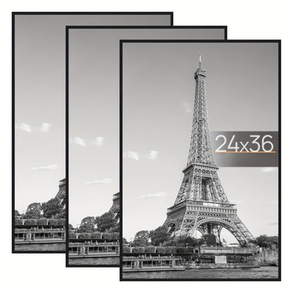 Poster Frame 24x36 Black 3 Pack, Slide-In Picture Frames for Horizontal or Vertical Wall Mounting, Scratch-Proof Lightweight Gallery Wall Photo Frame for Art Prints Diplomas