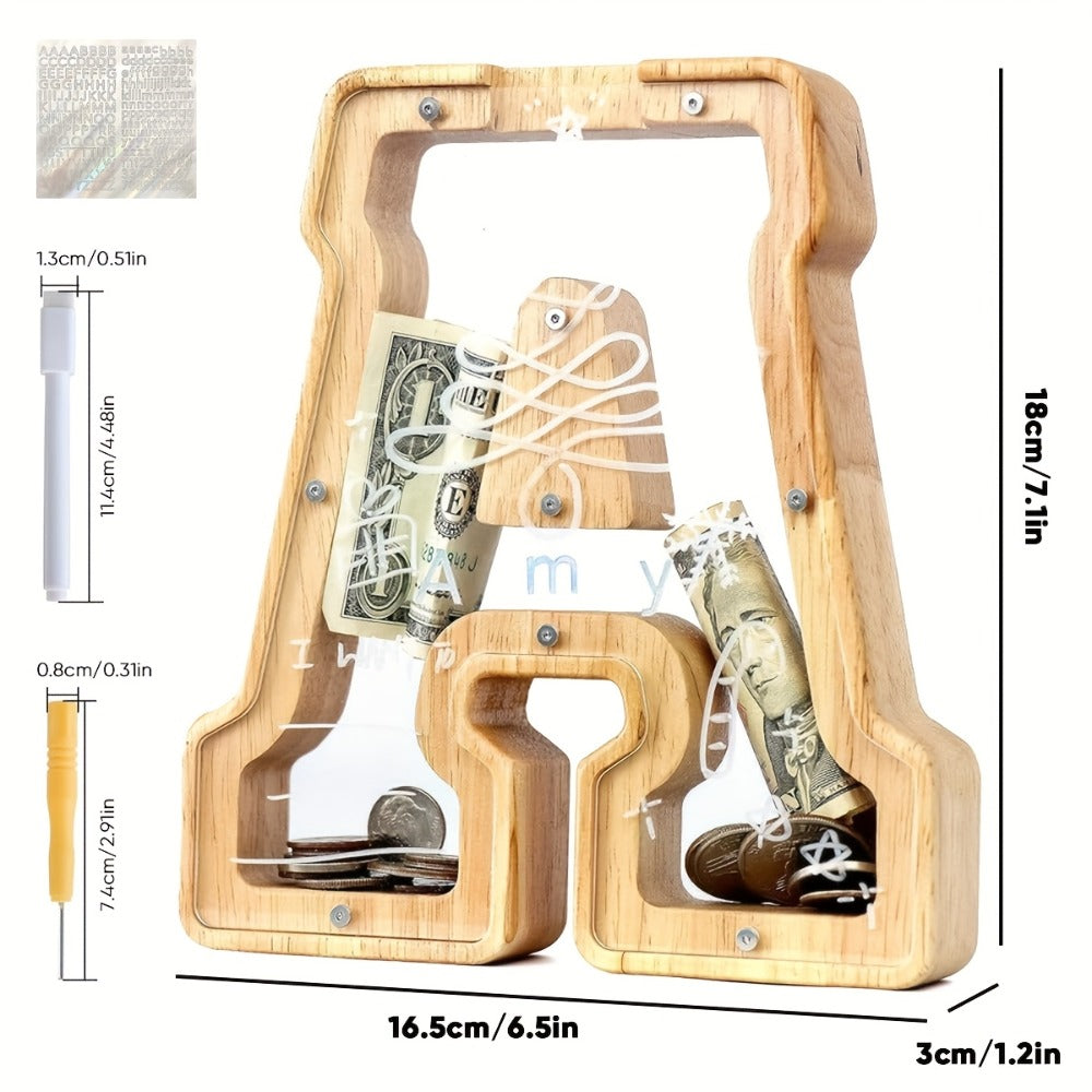 Alphabet Wooden Money Bank with Clear Front Panel, Coin Slot and A-to-Z Letter Options for Adults