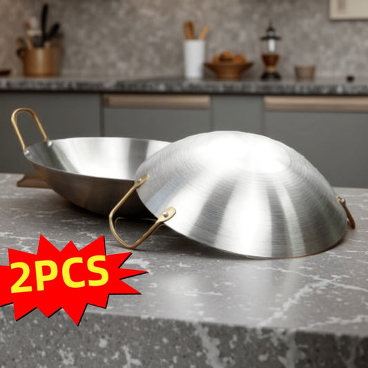 Stainless Steel Wok Set 2pcs 10in + 11in | Heavy Duty Non-Stick Frying Pan with Stainless Steel Handle – Dishwasher Safe Cookware for Home Kitchen & Outdoor Cooking